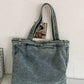 Women Vintage Solid Pocket Denim Handbag Shoulder Bag