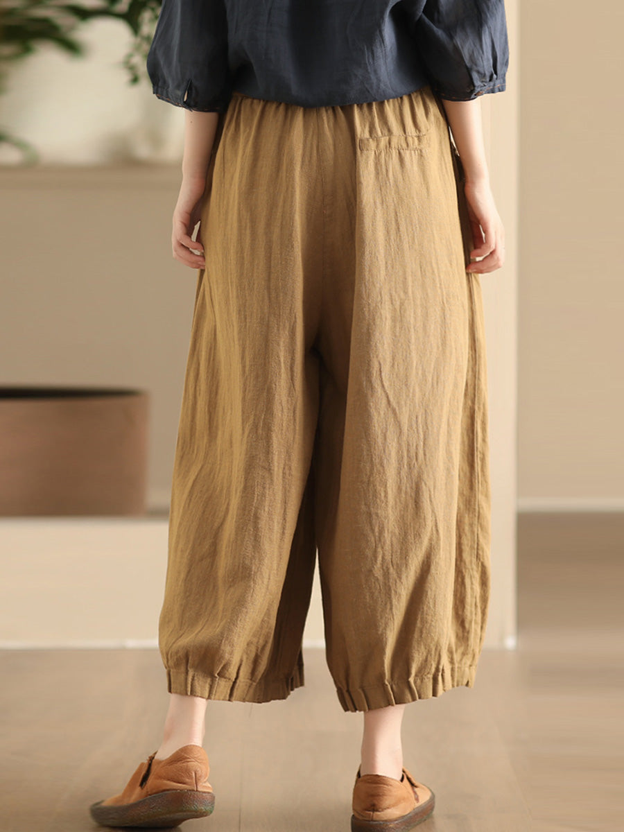 Women Summer Vintage Solid Linen Wide-leg Pants