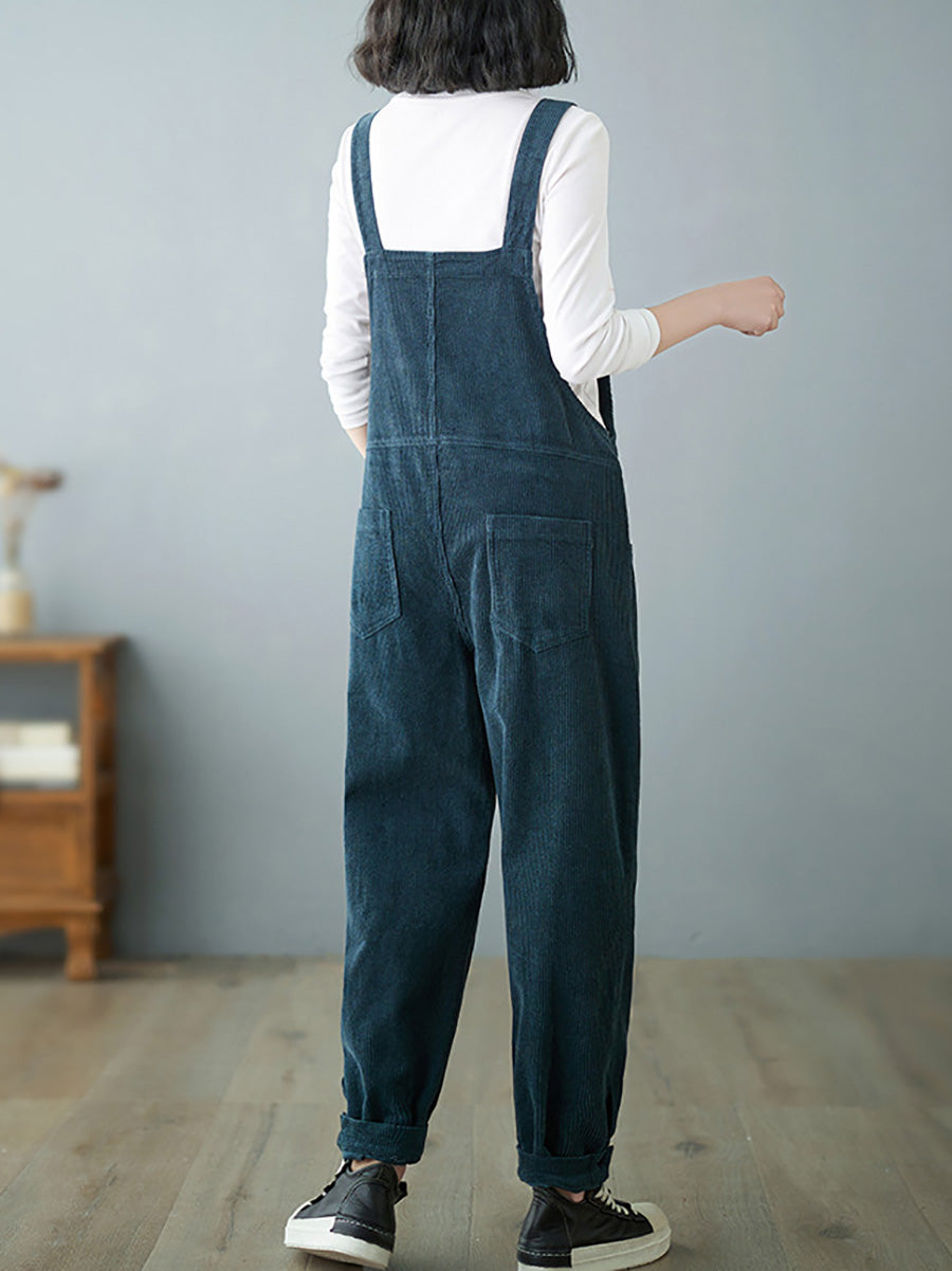 Women Casual Autumn Solid Corduroy Loose Jumpsuits