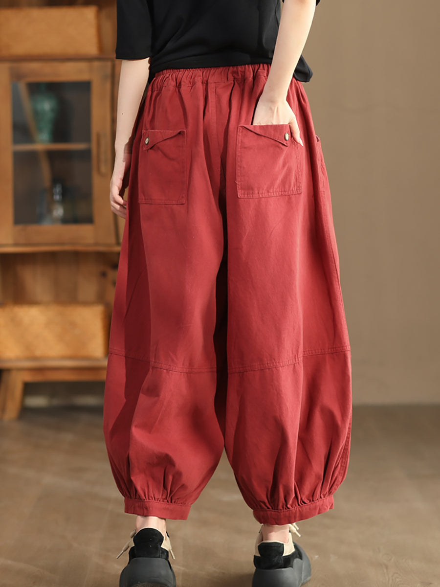 Women Autumn Casual Solid Spliced Cotton Harem Pants