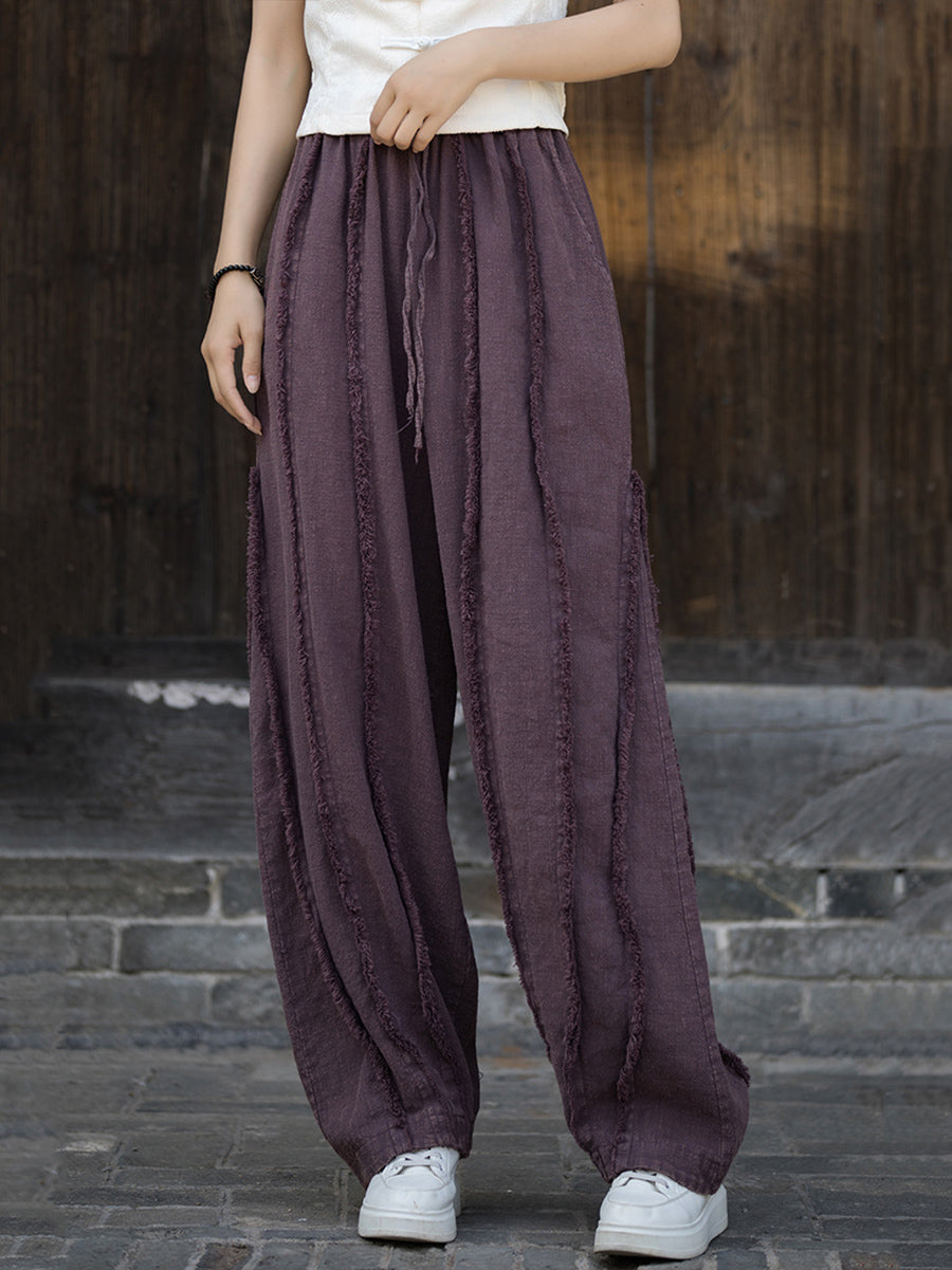 Women Ethnic Solid Raw-edge Wide-leg Ramie Pants