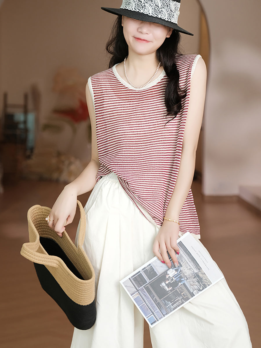 Women Summer Casual Stripe Linen O-Neck Vest