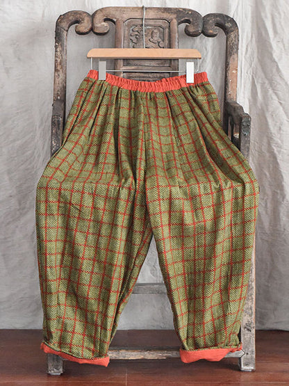 Women Vintage Plaid Pocket Loose Linen Pants