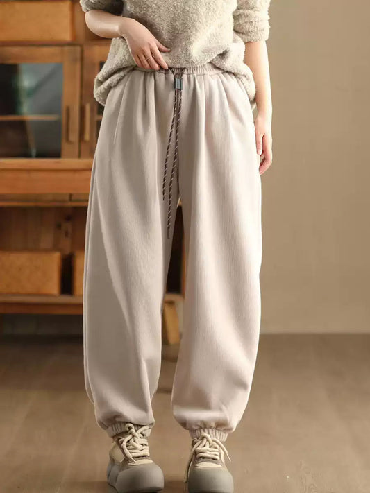 Women Winter Retro Solid Fleece-lined Harem Pants