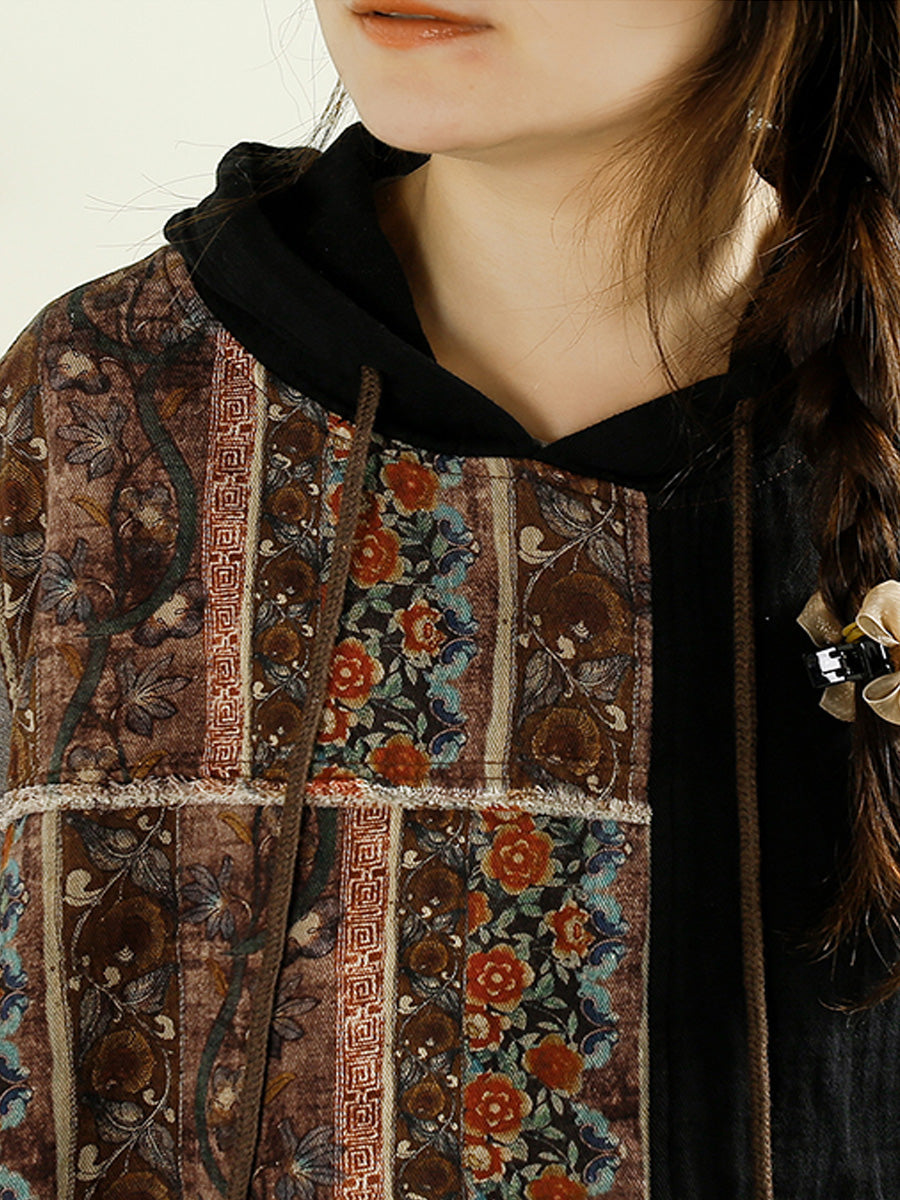 Women Autumn Vintage Flower Spliced Hooded Cotton Vest