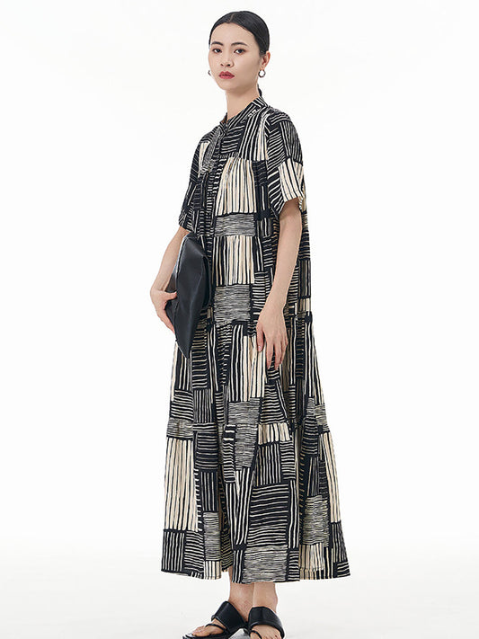 Women Summer Artsy O-Neck Stripe Loose Tiered Dress