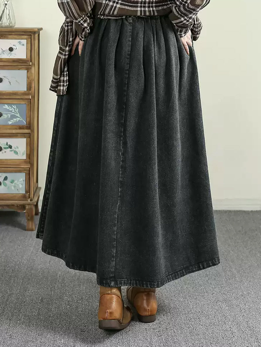 Women Autumn Casual Patch A-Shape Denim Skirt