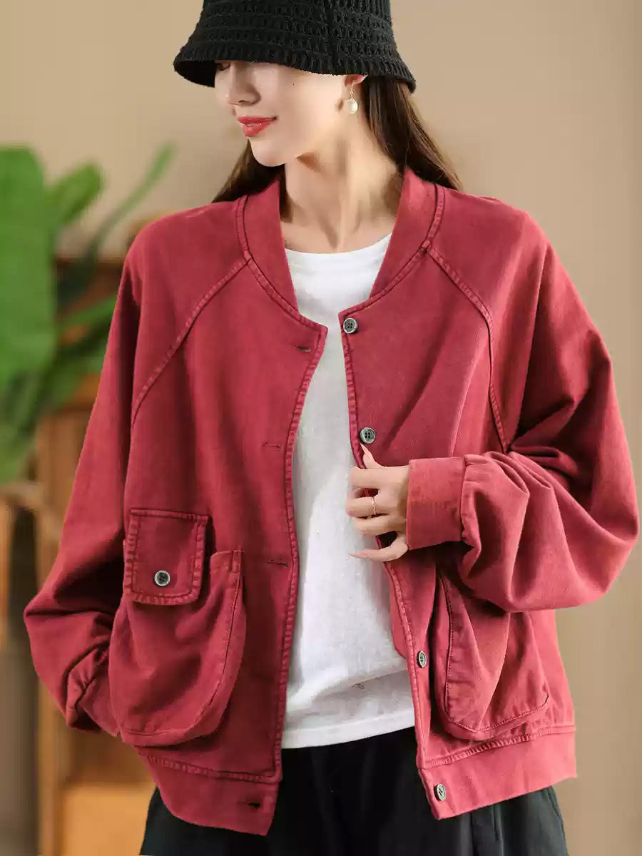 Women Retro Pure Color Stand Collar Pocket Cotton Coat