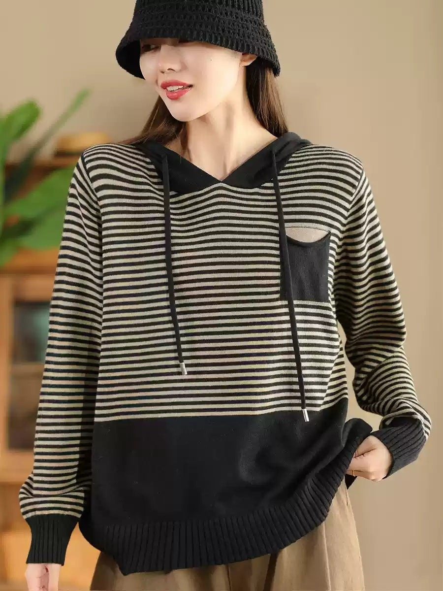 Women Autumn Casual Stripe Colorblock Hooded Sweatshirt