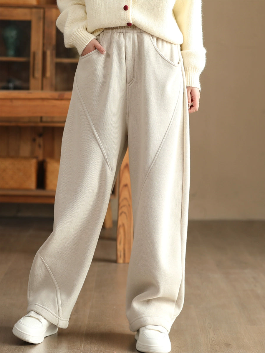 Women Winter Pure Color Fleece-lined Straight Pants