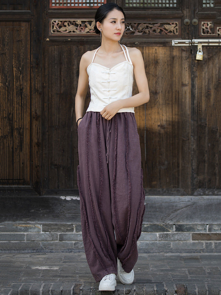 Women Ethnic Solid Raw-edge Wide-leg Ramie Pants