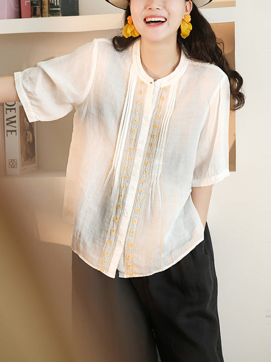 Women Summer Artsy Embroidery O-Neck Ramie Shirt