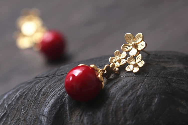 Red Shell Bead Chinese Style Flower Stud Earrings