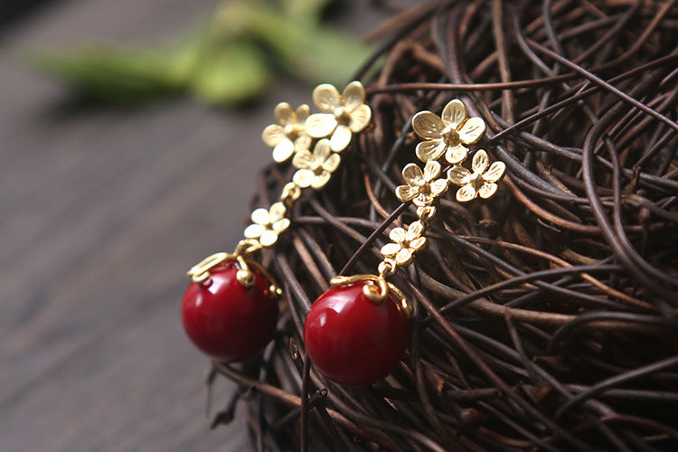 Red Shell Bead Chinese Style Flower Stud Earrings