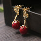 Red Shell Bead Chinese Style Flower Stud Earrings