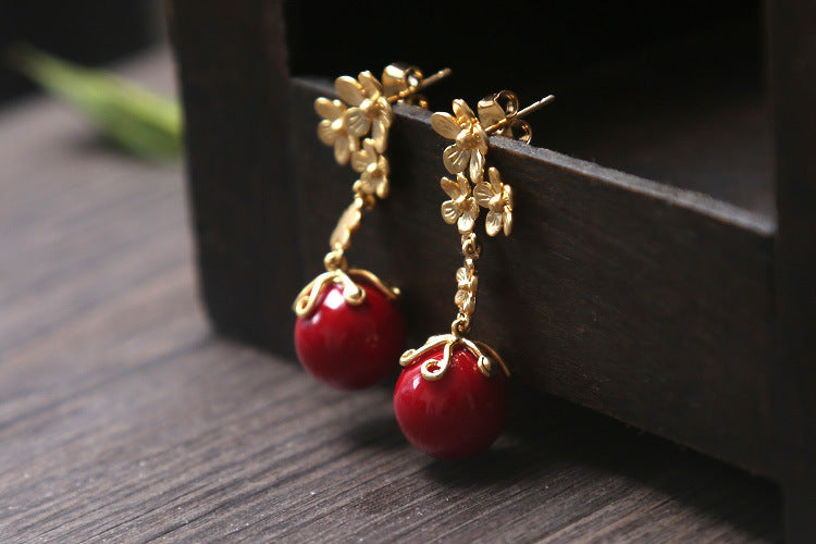 Red Shell Bead Chinese Style Flower Stud Earrings