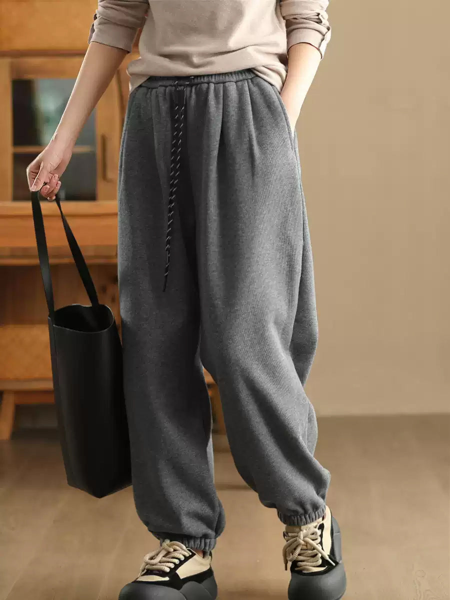 Women Winter Retro Solid Fleece-lined Harem Pants