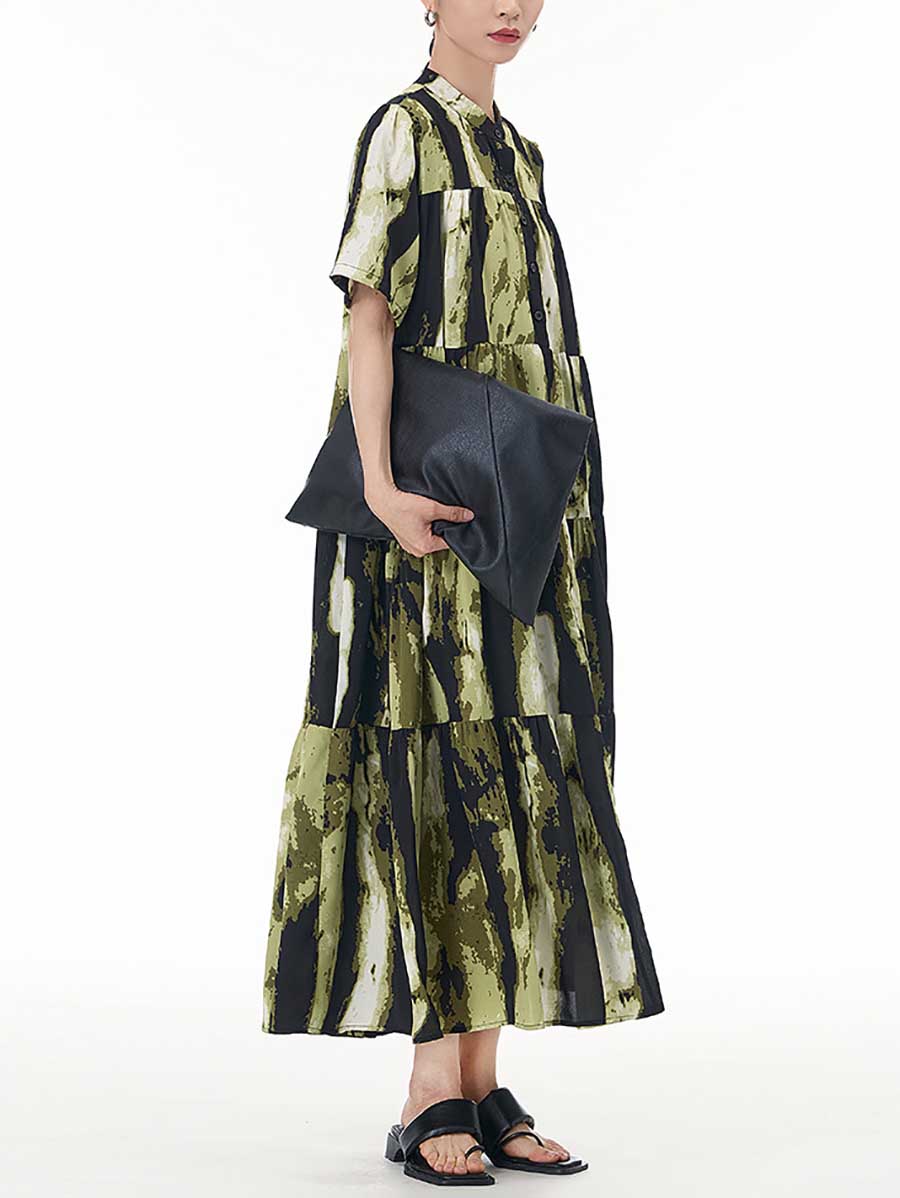 Women Summer Tie-dye Spliced Loose Tiered Dress