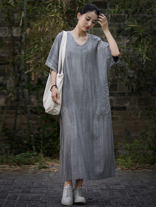 Women Summer Artsy V-Neck Loose Ramie Dress