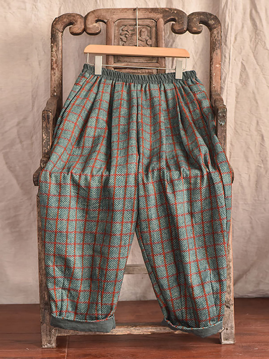 Women Vintage Plaid Pocket Loose Linen Pants