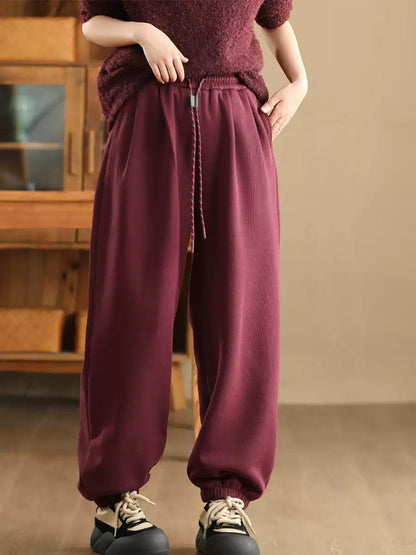 Women Winter Retro Solid Fleece-lined Harem Pants