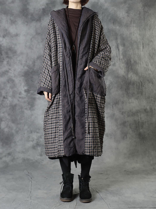 Women Vintage Autumn Plaid Colorblock 100%Linen Hooded Coat