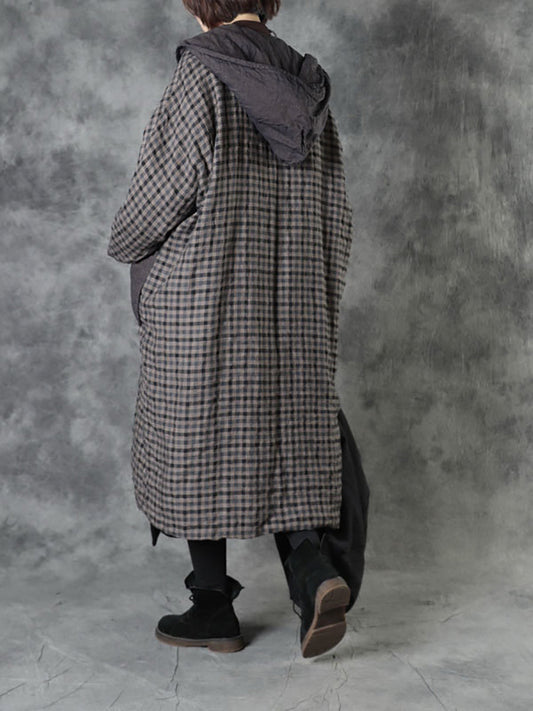 Women Vintage Autumn Plaid Colorblock 100%Linen Hooded Coat