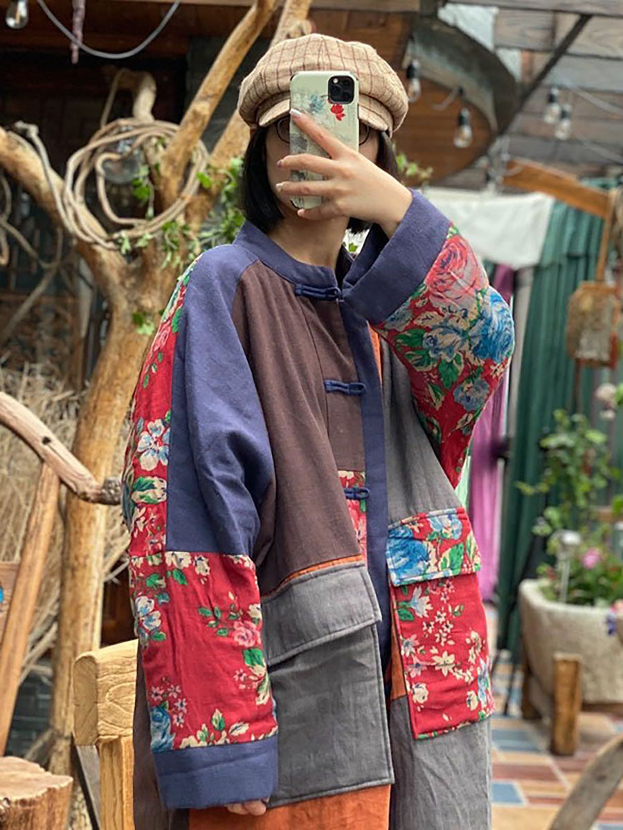 100% Cotton Stand Collar Floral Patchwork Long Coat