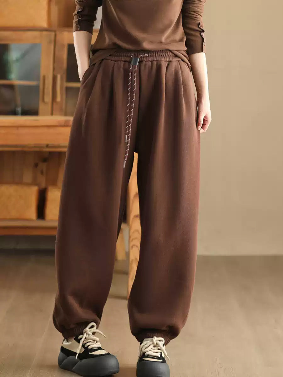 Women Winter Retro Solid Fleece-lined Harem Pants