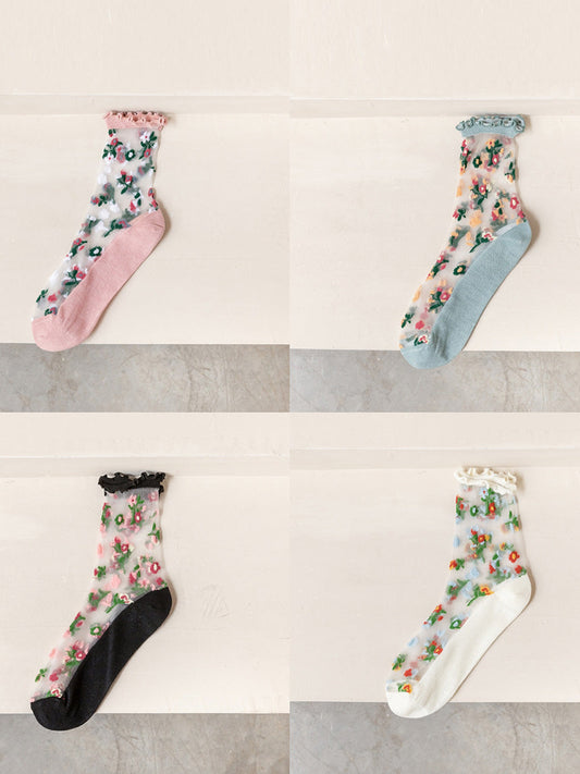 4 Pairs Women Artsy Floral Jacquard Thin Socks