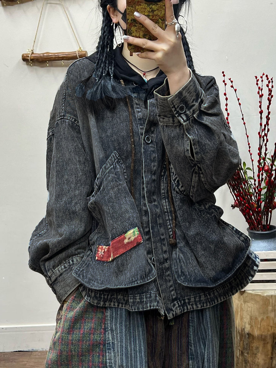 Women Spring Retro Irregular Patch Pocket Denim Coat