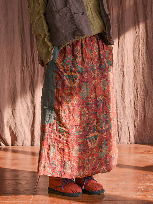 Women Linen Winter Vintage Printed Patchwork Pocket Skirt