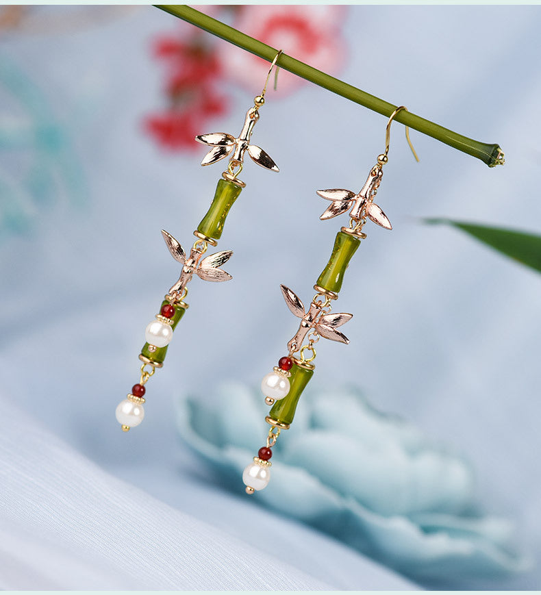 Antique Long Bamboo Tassel Earrings New Chinese Fan-Shaped Earrings