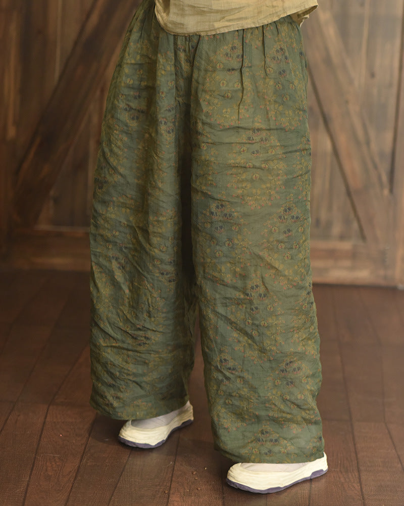 Loose Casual Art Print Ramie Trousers