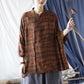 Cotton And Linen Printed Baggy And Slim Vintage Shirt With Stand Collar