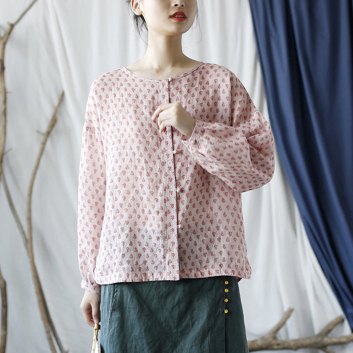 Vintage Ramie Printed Round Neck Loose Shirt