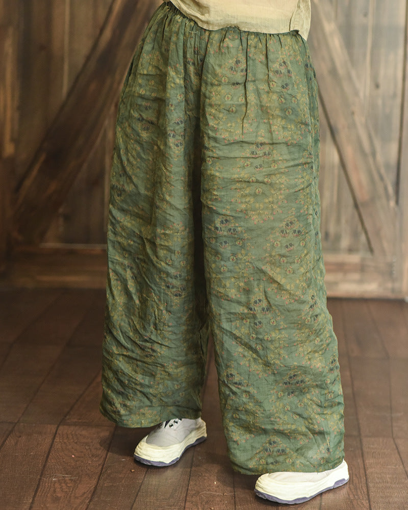 Loose Casual Art Print Ramie Trousers