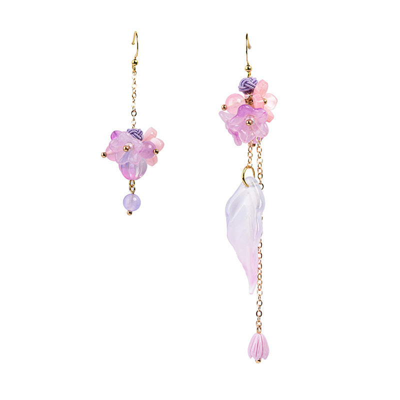 Niche Retro High-End Glass Flower Long Tassel Asymmetric Earrings