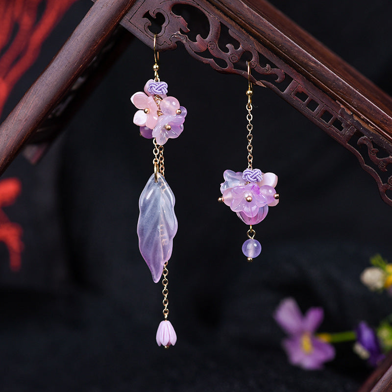 Niche Retro High-End Glass Flower Long Tassel Asymmetric Earrings