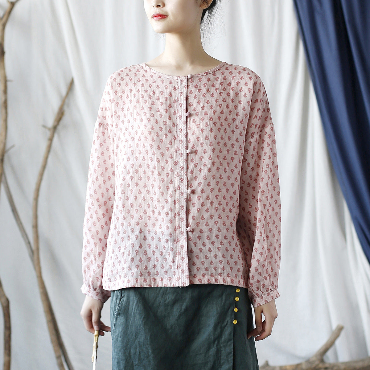 Vintage Ramie Printed Round Neck Loose Shirt