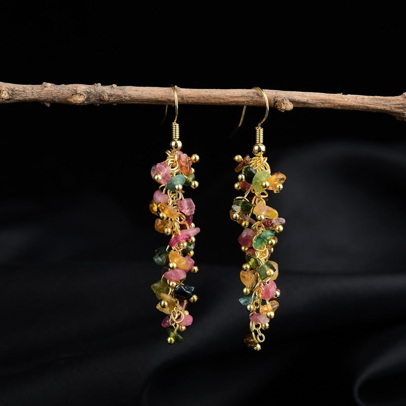 Natural Tourmaline Gravel Long Handmade Stud Earrings