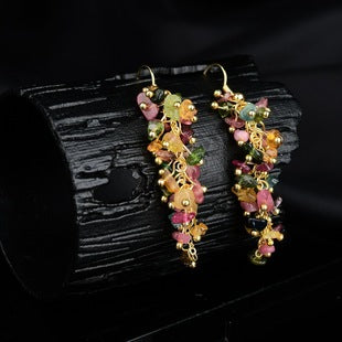 Natural Tourmaline Gravel Long Handmade Stud Earrings