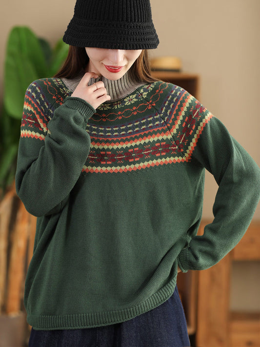 Women Vintage Autumn Jacquard Half Turtleneck Sweater