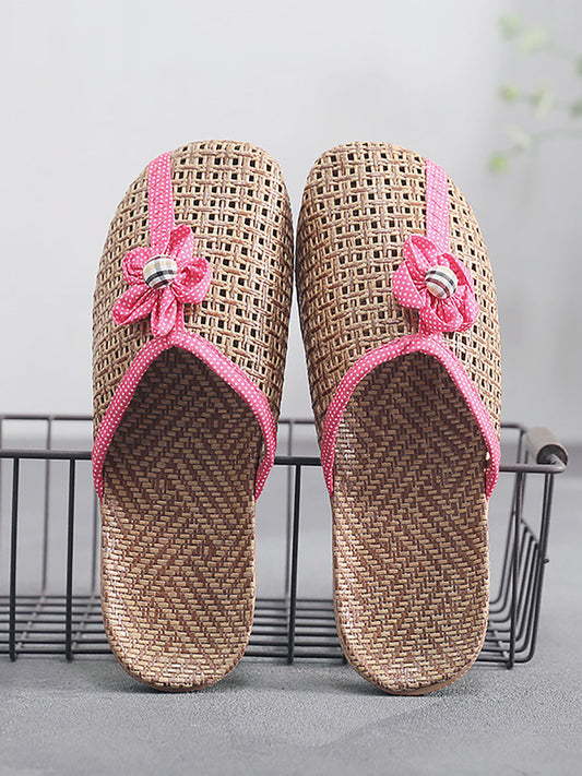 Couple Summer Straw Weave Flower Indoor Flat Slippers