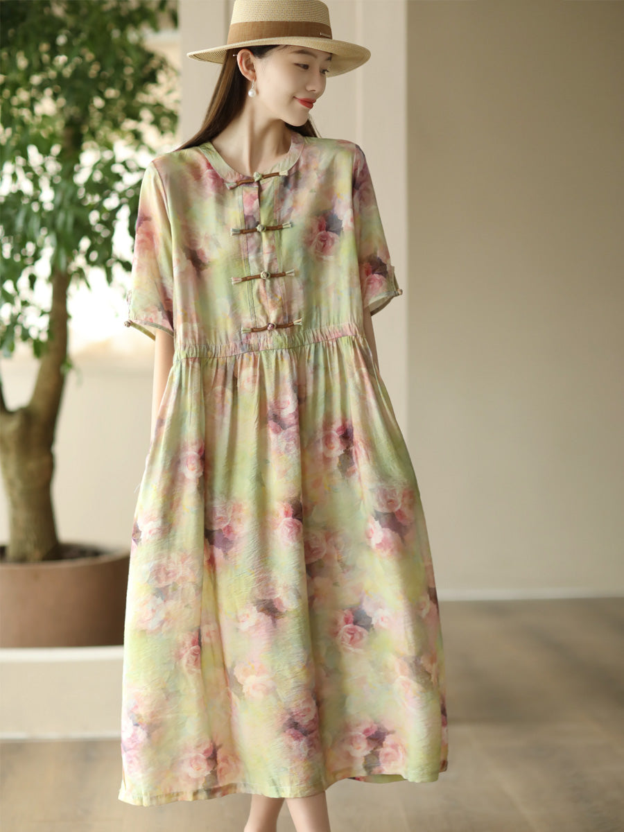 Women Summer Artsy Floral Button O-Neck Dress