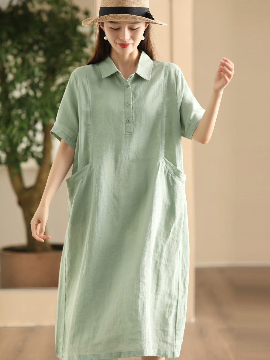 Women Summer Casual Solid Loose Polo Collar Linen Dress