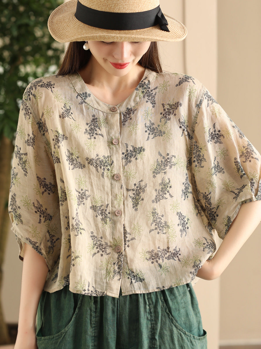 Women Summer Artsy Floral O-Neck Thin Shirt