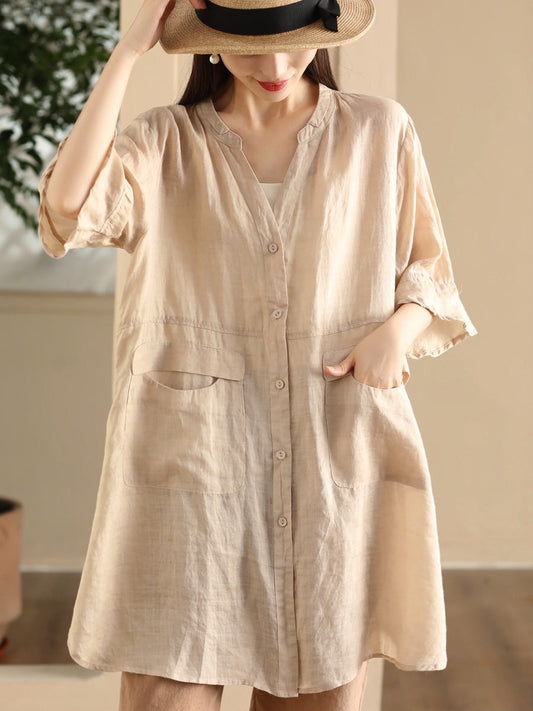 Women Summer Artsy Solid Button-up Ramie Shirt Coat