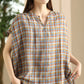 Women Summer Vintage Plaid V-Neck Loose Linen Shirt