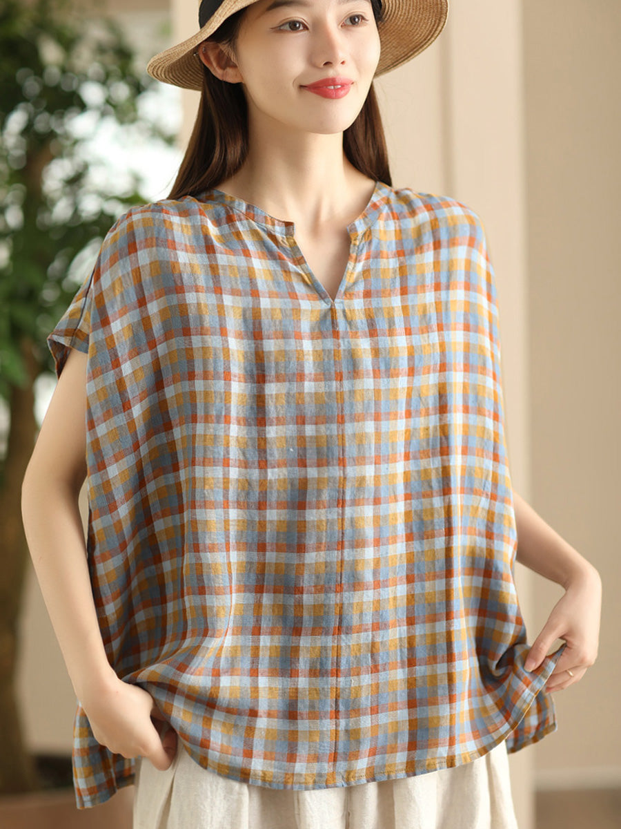 Women Summer Vintage Plaid V-Neck Loose Linen Shirt